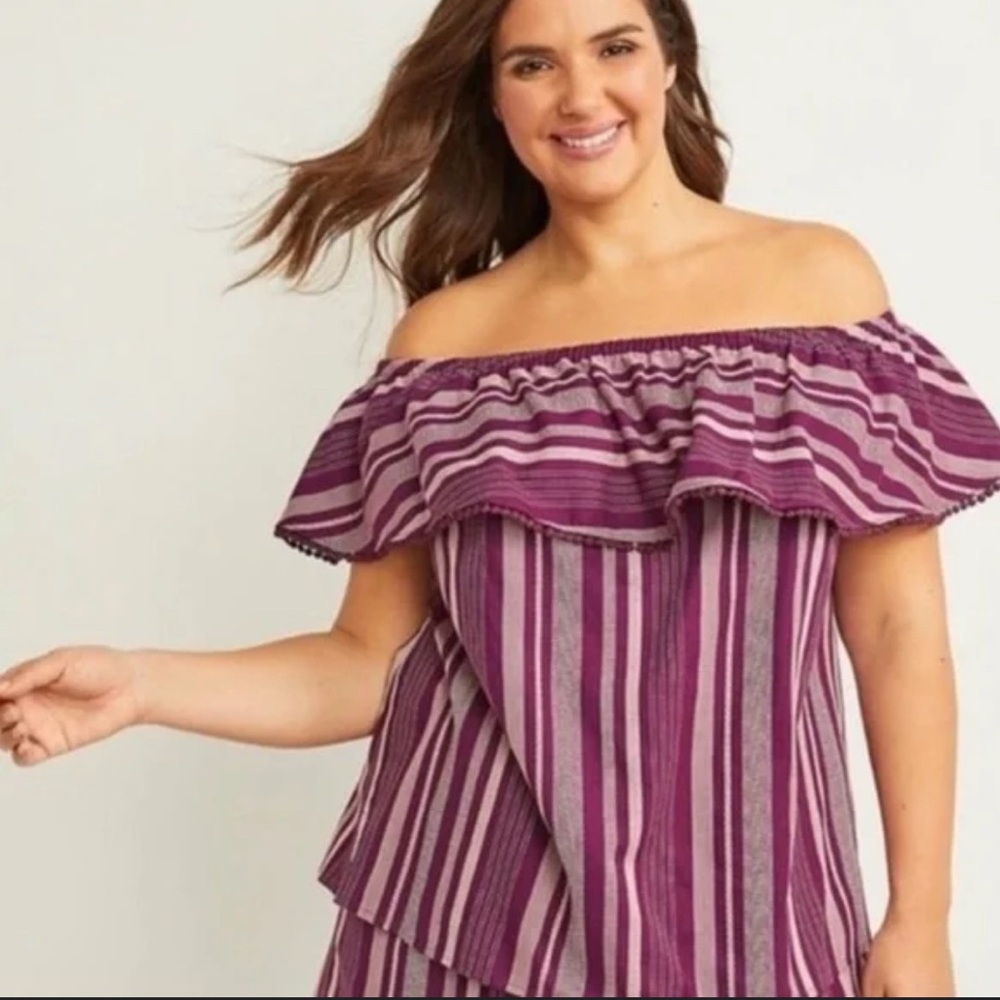 Lane Bryant Purple Striped Off-Shoulder Blouse